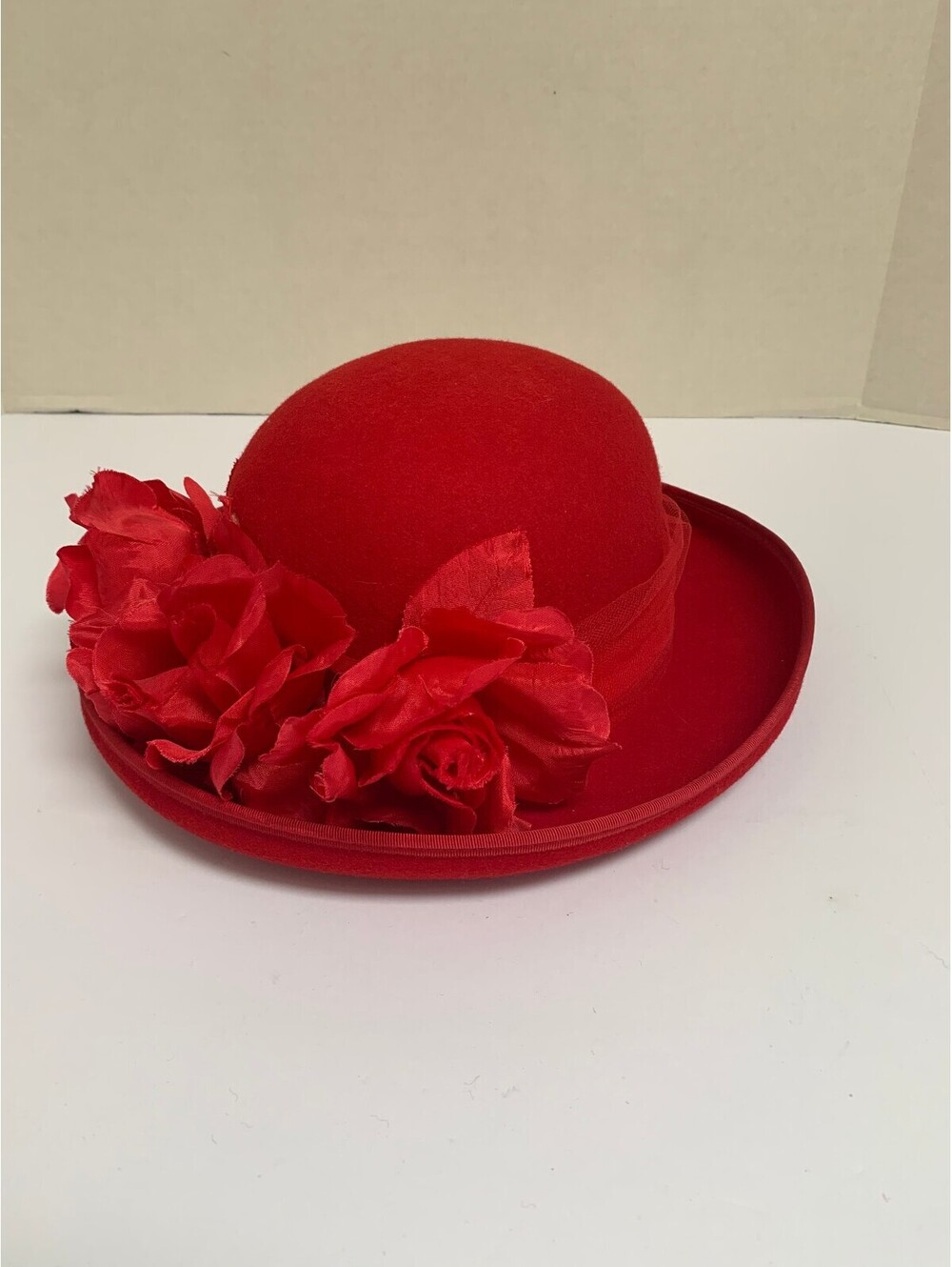 Vintage Bollman 100% Wool Doeskin Felt Floral Statement Red Mid Century Hat
